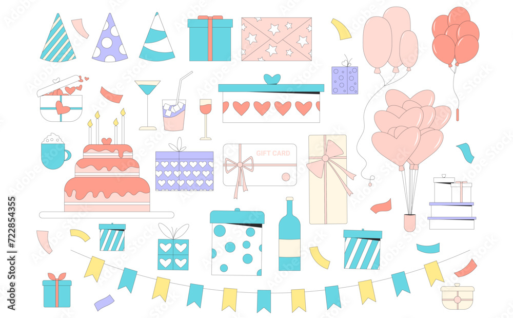 Birthday party elements set. Anniversary celebration objects. Holiday event cake and presents. Collection of balloons drinks and confetti gift card. Vector illustration