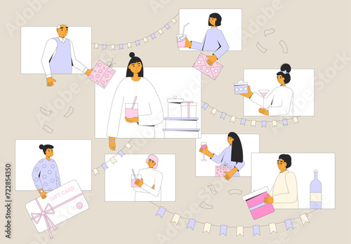 Party online. Celebrate an important date together from afar. Anniversary remote. Call family holiday event. Congratulation for young woman. Virtual friends meeting greeting card.