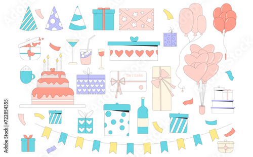 Birthday party elements set. Anniversary celebration objects. Holiday event cake and presents. Collection of balloons drinks and confetti gift card. Vector illustration