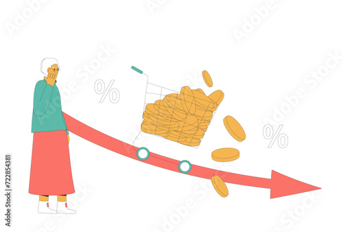 Inflation. elderly woman lost money. Investment fail. Economical finance crisis. Vector illustration