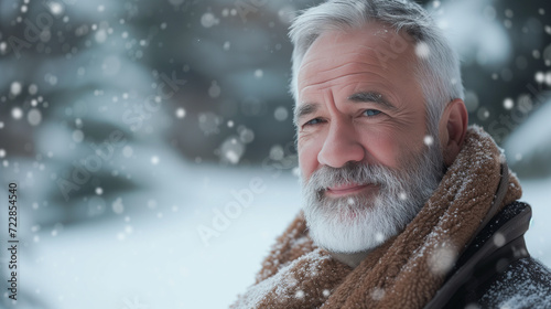 An older man with a long white beard and long hair stands in the snow, surrounded by a wintry landscape