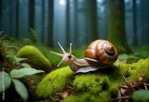 Close-up shot of a clam walking in the forest