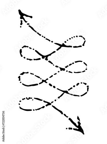 Vector black wavy arrow doodle style isolated on white background. Right pointer hand drawn illustration dotwork, tattoo, sticker for design and decoration, black dots on a white background