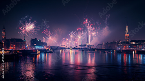 new years eve with fireworks over Hamburg, Germany