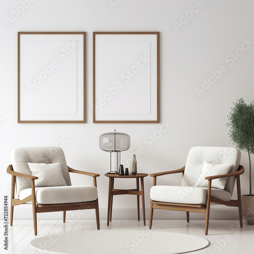 Two cozy white armchairs in the living room.Еmpty frames on the wall for copying.Interior design of a modern living room in the style of Provence, Bauhaus, Scandinavian style.Minimalism.