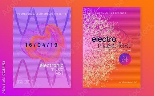 Music fest neon flyer. Electro dance. Electronic trance sound. Techno dj party. Club event poster.