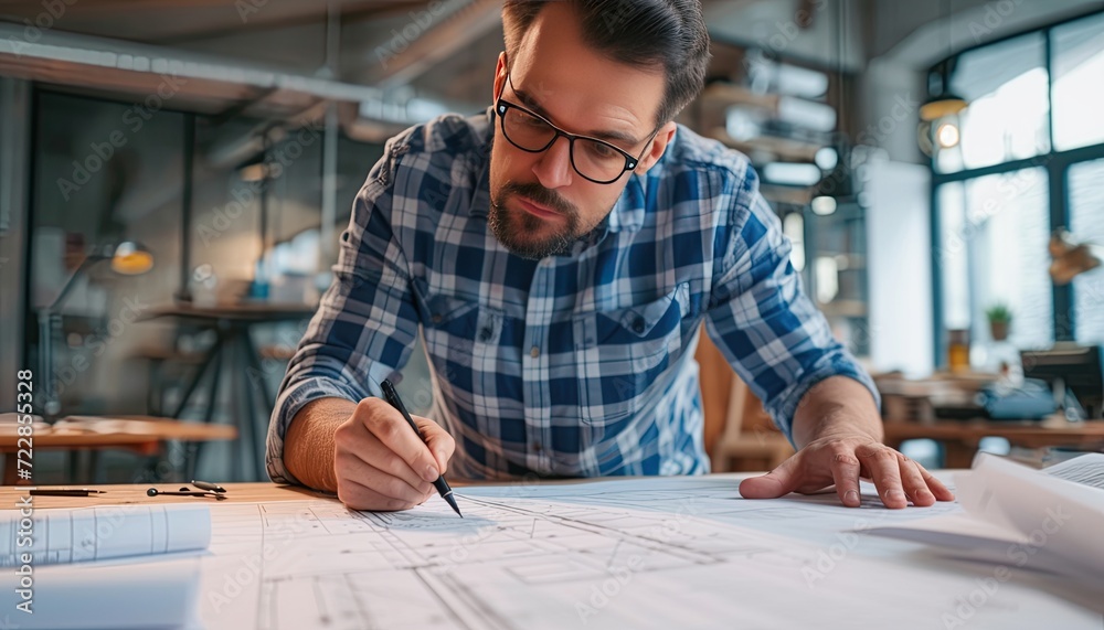 Serious 35-year-old architect sketching building plans, headshot portrait Serious 35-year-old architect sketching building plans, headshot portrait