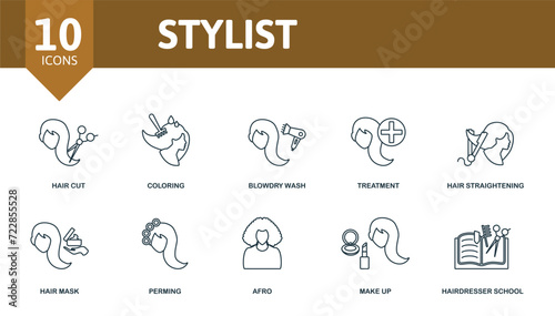 Stylist set icon. Editable icons stylist theme such as hair cut, blowdry wash, hair straightening and more.