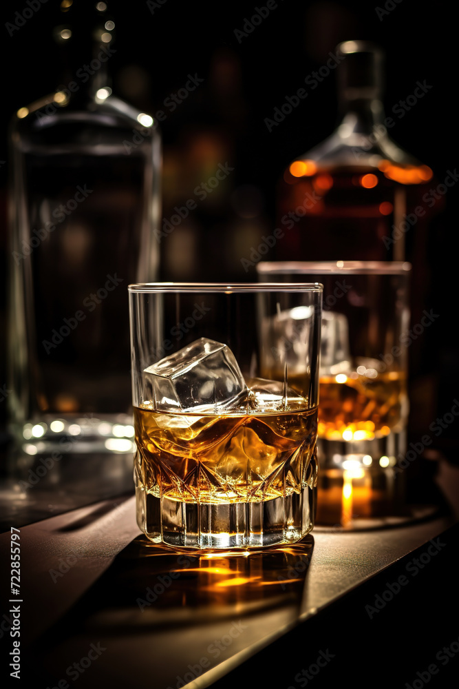 Glass of Whiskey on the bar counter. Blurred interior of bar at the background. Glass of Whiskey on the bar counter. Blurred interior of bar at the background.