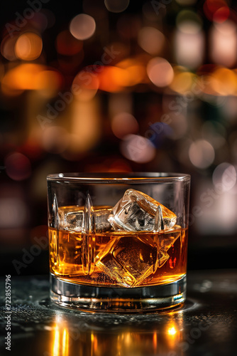 Glass of Whiskey on the bar counter. Blurred interior of bar at the background.