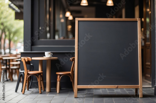 blank restaurant menu board in front of a cafe, standing blackboard for menu photo