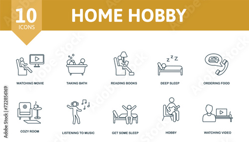 Home Hobby set icon. Editable icons home hobby theme such as watching movie, reading books, ordering food and more. photo