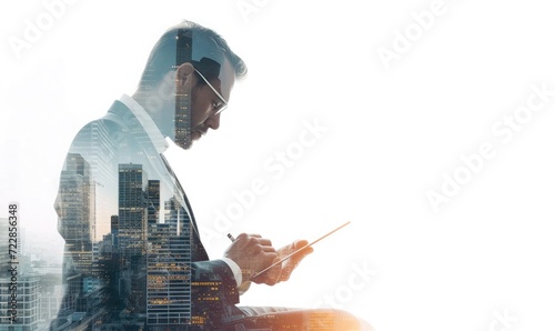 Photo double exposure businessman working on digital tablet on white 