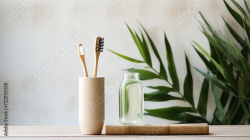 Natural bamboo toothbrush in glass on white wood with green leaves
