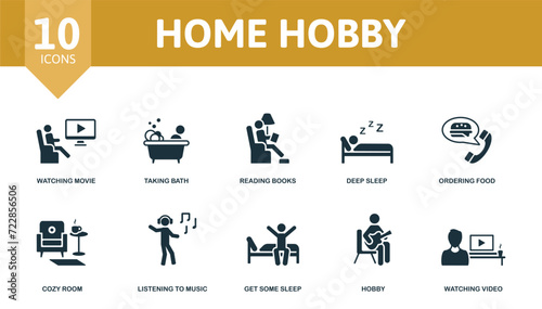Home Hobby set icon. Editable icons home hobby theme such as watching movie, reading books, ordering food and more.