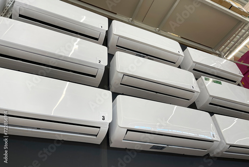 Sale of air conditioners on a stand in a store