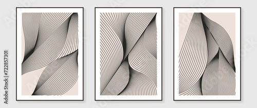 Abstract line art background vector. Minimalist modern botanical contour drawing with monochrome color. Contemporary art design illustration for wallpaper, wall decor, card, poster, cover, print.
