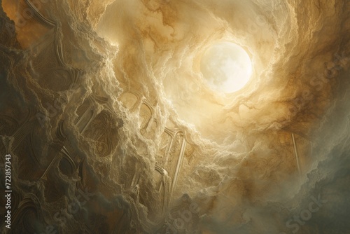 Sun and Moon coming out of a Cave Artwork Style -Baroque Opulence Soft Mist Dark Beige and Gold - Spectacular Backdrop in Victorian Era Decorative Mood Wallpaper created with Generative AI Technology