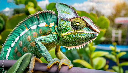 Close-Up View of a Vibrant Green Chameleon