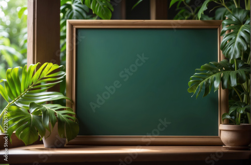 wooden green chalkboard, framed by lush green tropical leaves, natural lighting, sun light through the window, green living and sustainable concept
