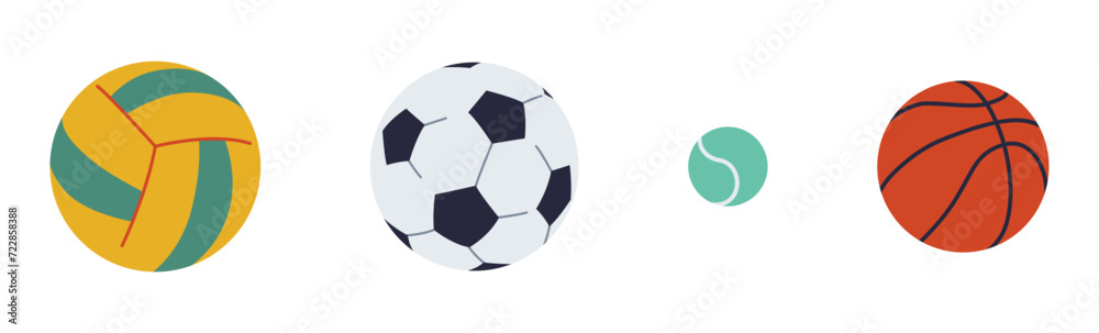 Balls for team sports games color vector icon set. Volleyball football tennis and basketball illustration pack on white background