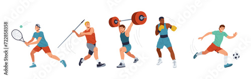 Sportsmen performing athletic summer disciplines color vector icon big set. Skilled athletes exercising illustration pack on white background