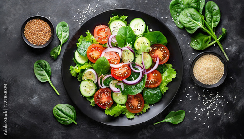 Fresh Vegetable Salad with Tomato, Cucumber, Onion, Spinach, Lettuce, and Sesame on a Plate. Healthy Diet Option. Top View