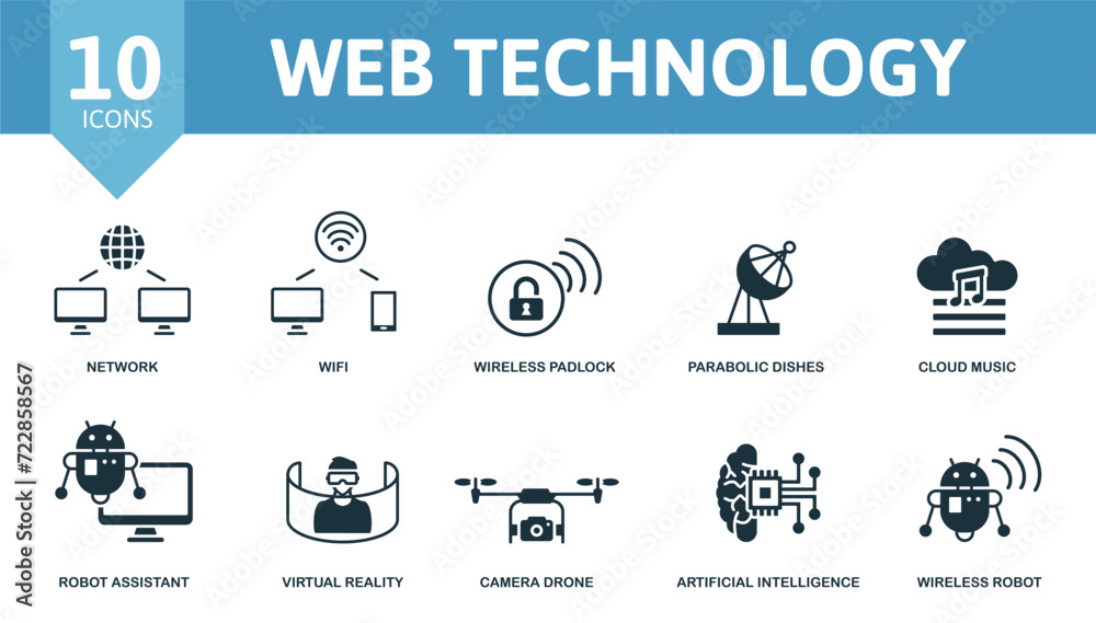 Web Technology icon set. Contains editable icons internet technology theme such as network, wireless padlock, cloud music and more. Web Technology icon set. Contains editable icons internet technology theme such as network, wireless padlock, cloud music and more.