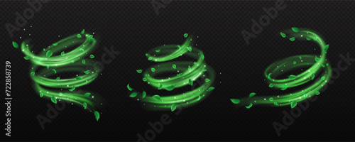 Leaves and green powder whirls realistic vector illustration set. Magic air flows with spring foliage 3d elements on transparent background