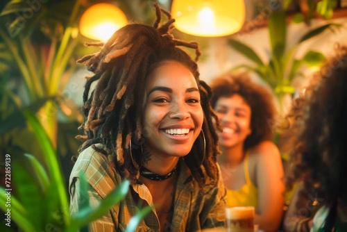 Radiant young woman with dreadlocks enjoying a joyful moment with friends at an indoor gathering.