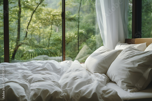 Ein Bett mit weißer Bettwäsche mit Ausblick in einen Wald 
