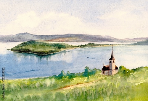 View of St. Peter's Island and church in Ligerz in lake Biel (Bielersee) in summer, Switzerland. Hand drawn watercolor illustration 