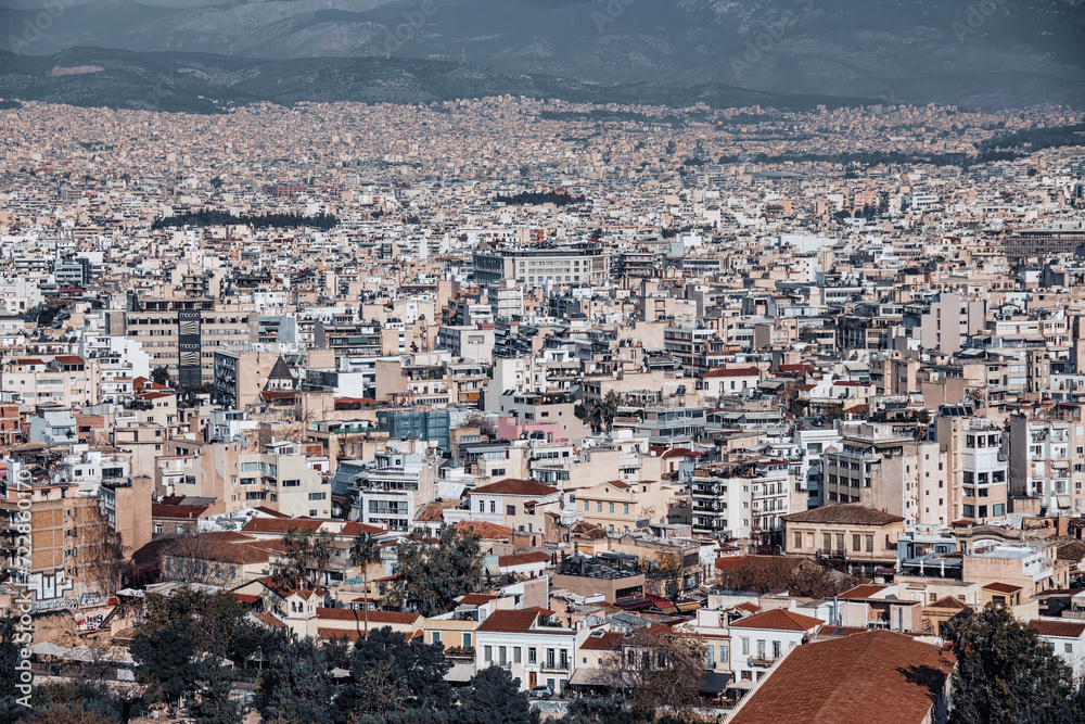 Athens, Greece capital, top view from Acropolis. Panorama of the city, toning