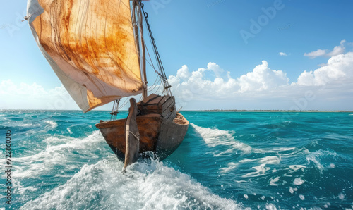 local fishermen dhow  on amazing stormy water in the Indian ocean next to Mnemba atoll, Zanzibar, Tanzania photo