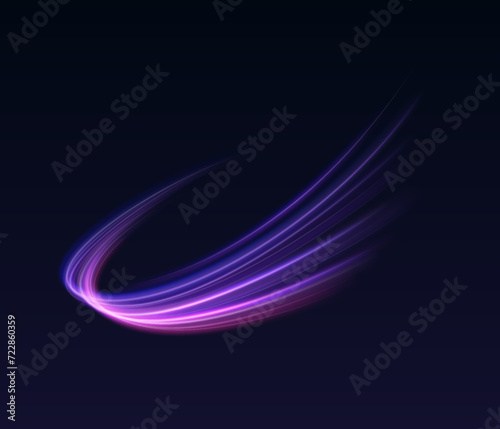 Purple neon lines in wave realistic vector illustration. Shiny motion trail 3d element on black background. Action concept design template
