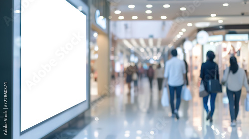 A white billboard in the mall, people walking in the background. Place for text or image, Advertising