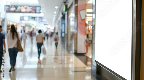 A white billboard in the mall, people walking in the background. Place for text or image, Advertising © Irina