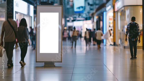 A white billboard in the mall, people walking in the background. Place for text or image, Advertising