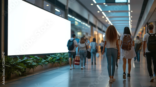 A white billboard in the mall, people walking in the background. Place for text or image, Advertising photo