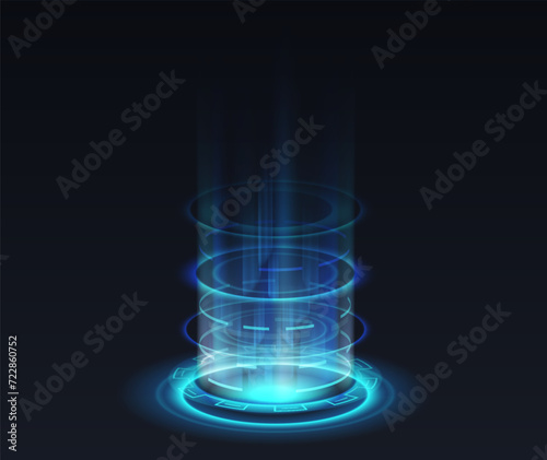 Opening of teleport podium realistic vector illustration. Magical aura light effect 3d elements on black background. Fantasy design template