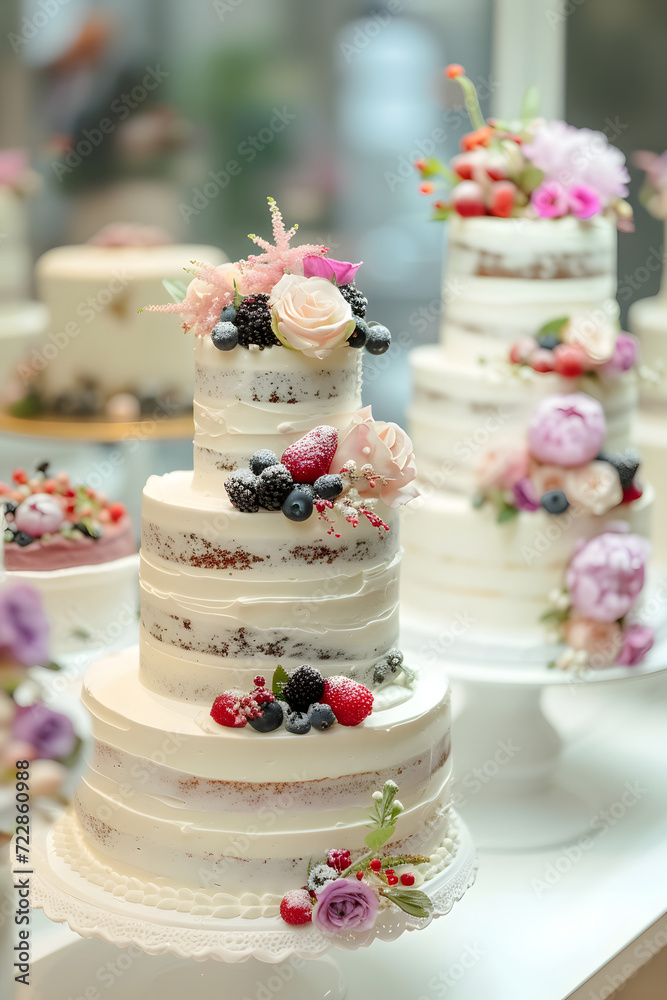 Several wedding cakes on display in a pastry shop. Wedding cake tasting Several wedding cakes on display in a pastry shop. Wedding cake tasting