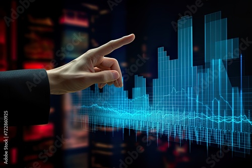 Futuristic economic graphs with a pointing hand