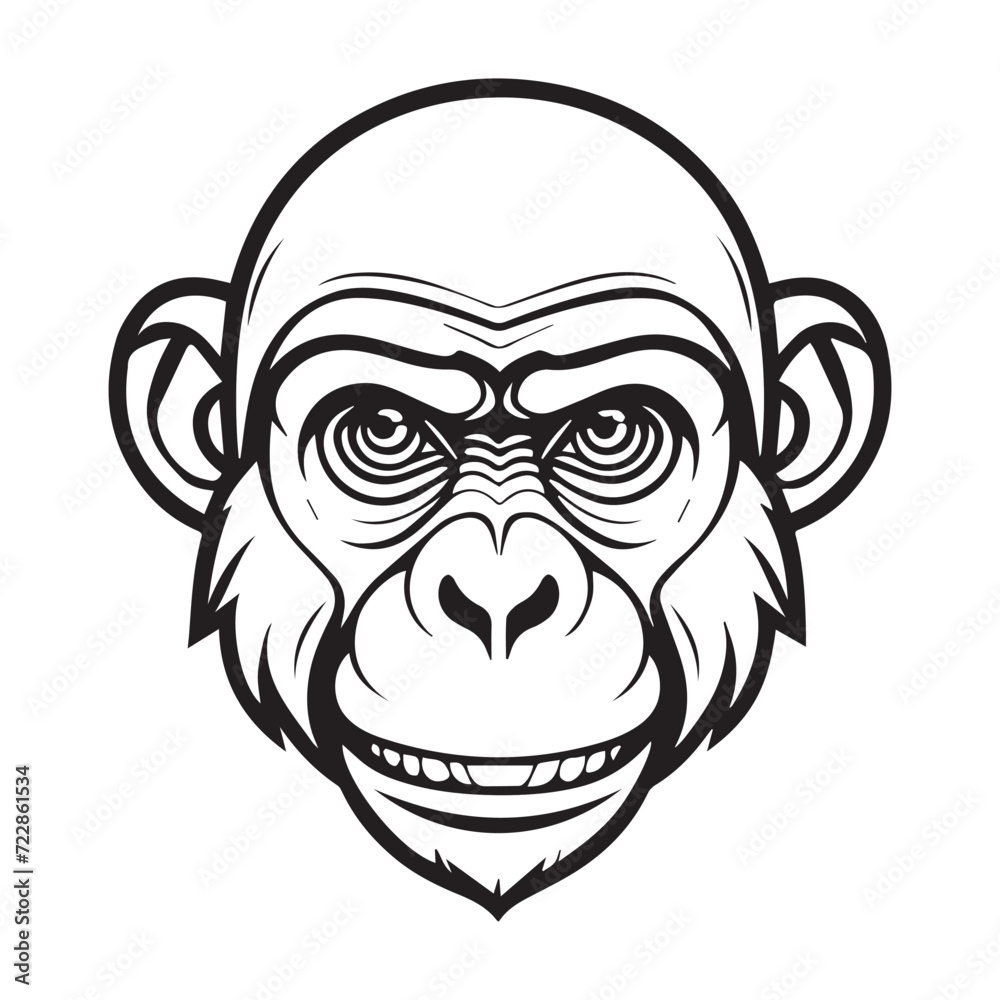 2d black outline vector hand drawn art style minimalism black and white head of monkey