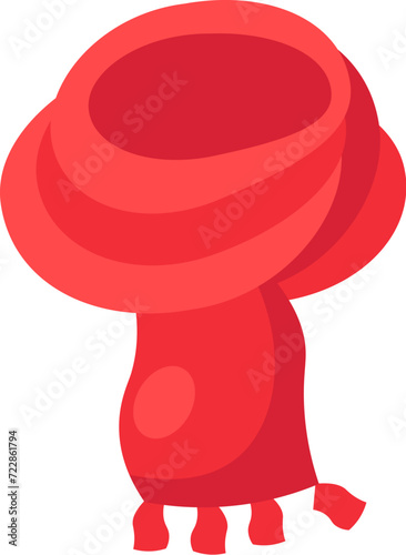 Sorting old unwanted clothes. Old red knitted scarf. Items out of use and fabric to disposal. Recycling of textile industrial products. Simple cartoon flat vector icon isolated on white background