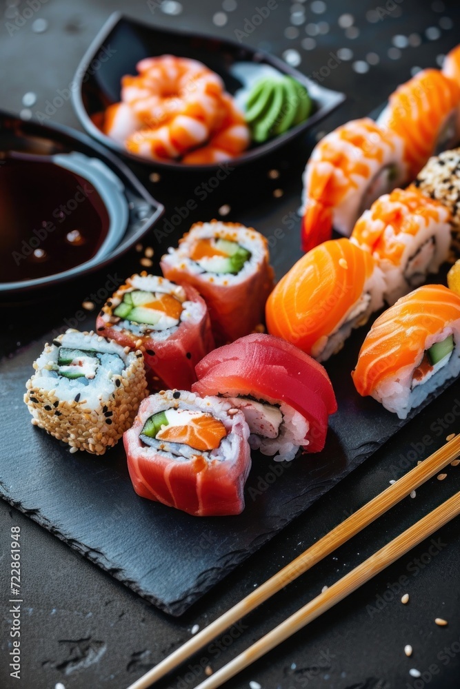 Different pieces of sushi served on black stone tray. Different pieces of sushi served on black stone tray.
