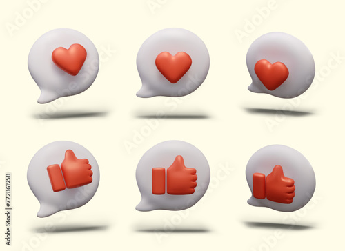 3D round comment sign with red heart and hand showing thumb up