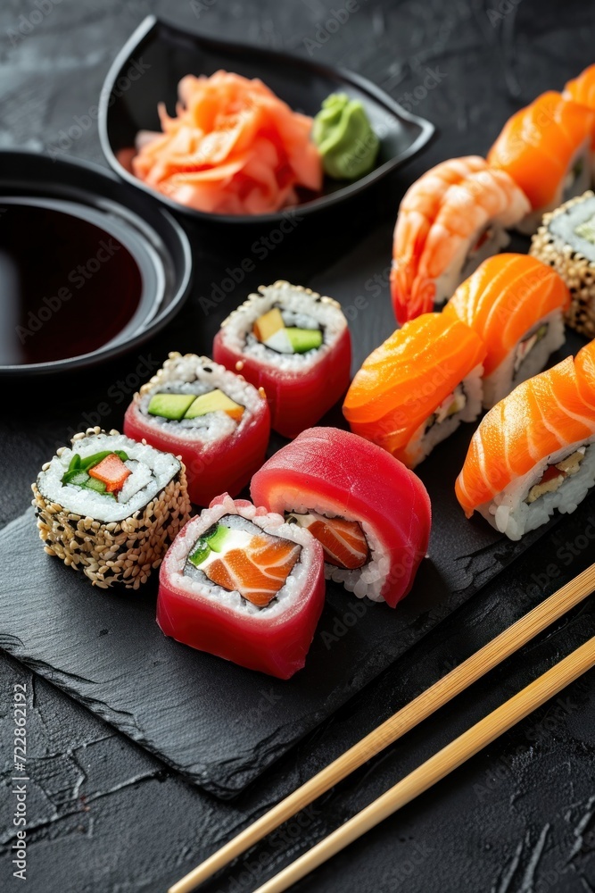 Different pieces of sushi served on black stone tray. Different pieces of sushi served on black stone tray.