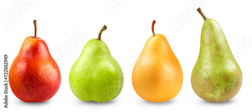 Pear isolated set. Collection of red, green, yellow pears and conference on a transparent background.