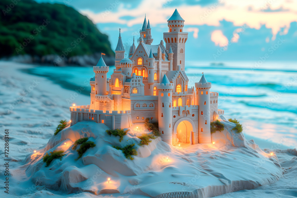 beautiful sandcastle on evening stand on sea or ocean shore, resort concept, castle made of sand, clay and mud is beautiful - obrazy, fototapety, plakaty 