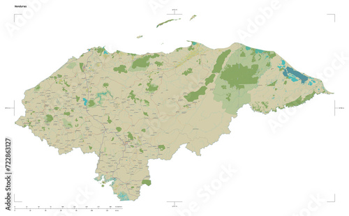 Honduras shape isolated on white. OSM Topographic Humanitarian style map